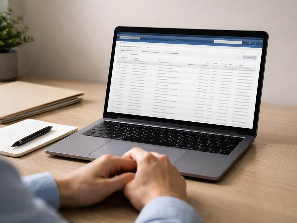 Minimal office desk scene showing an open laptop with a generic government database-like search page