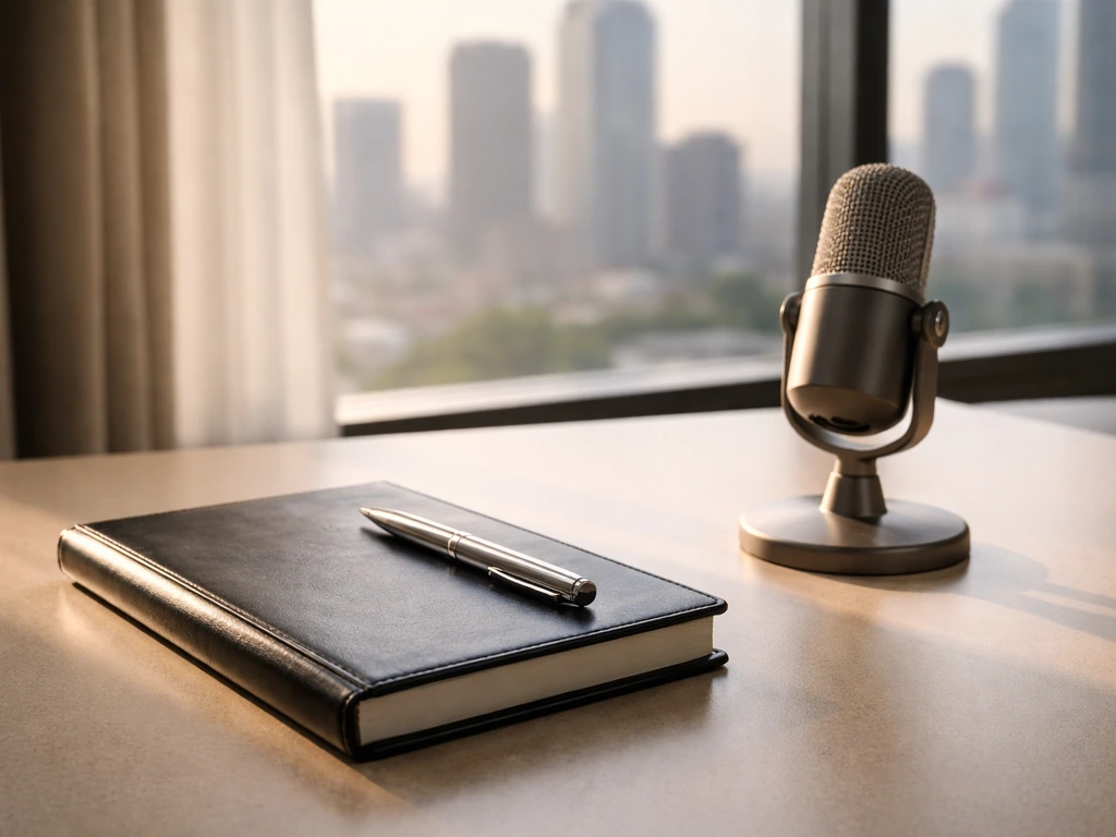 Minimal upscale desk scene with notebook and microphone, warm light, blurred city skyline background.