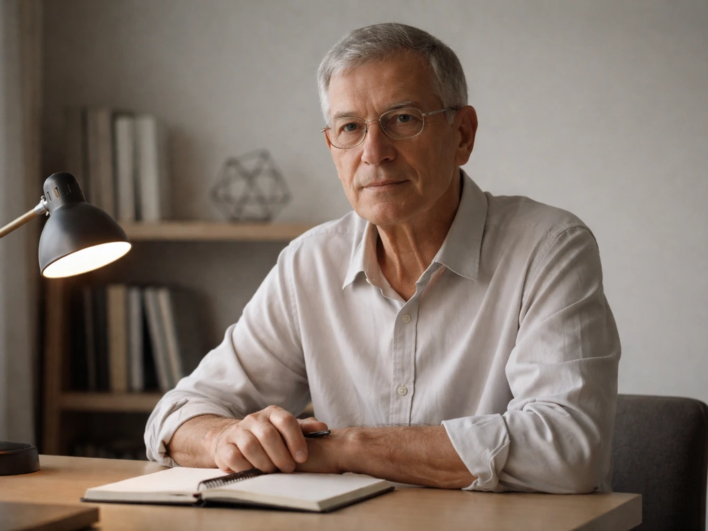 Elderly man in glasses in a quiet office, soft natural light, minimal background suggesting science and business