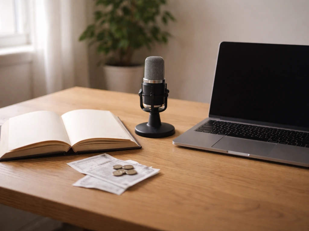 Minimal desk scene with an open book, coins, and a studio microphone suggesting media royalties and analysis.