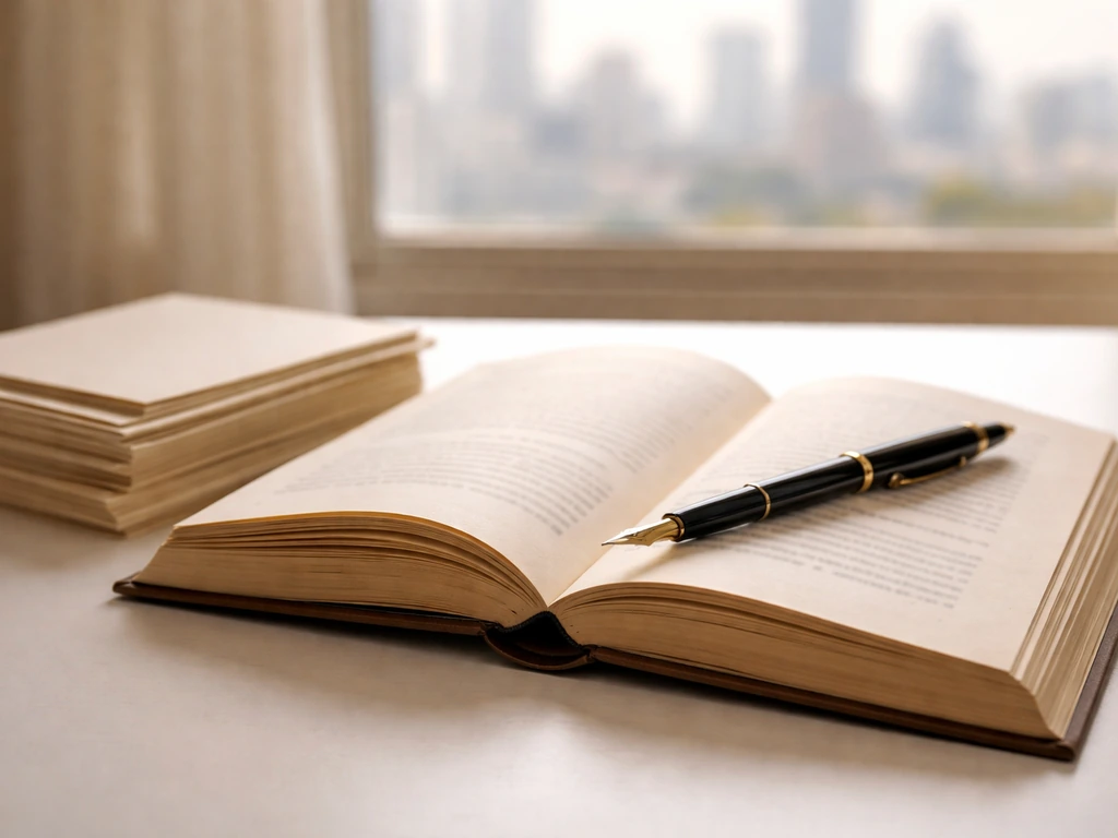 Close-up of an open book and blank papers on a desk, symbolizing publishing IP and royalty income.