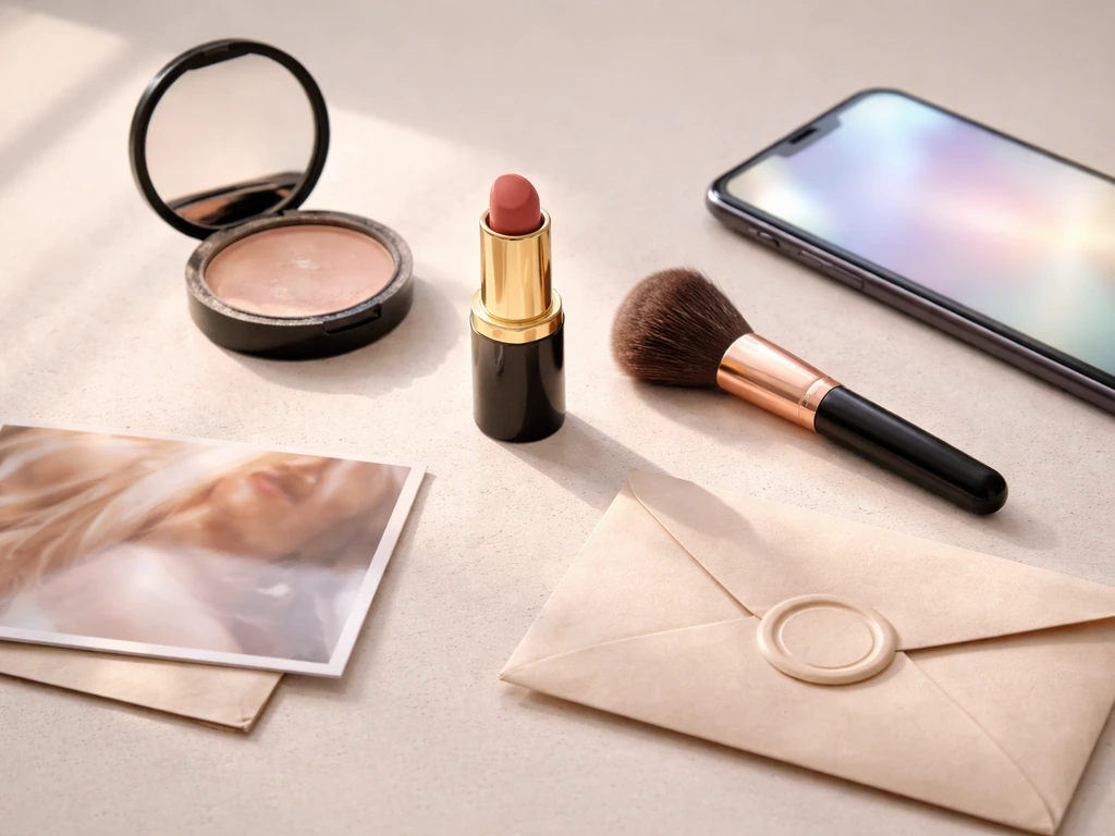 Minimal beauty and digital-media collage: makeup items, laptop screen glow, and glossy branding cues on a desk.