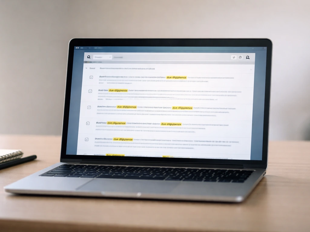 Lone laptop showing an SEC EDGAR-like search results page with due-diligence keywords highlighted.