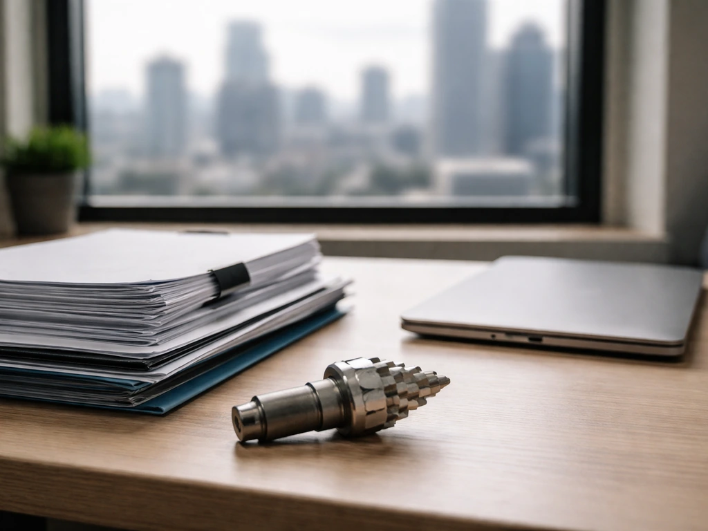 Minimal office scene with business documents and a small metal mining tool on a desk, symbolizing an executive profile.