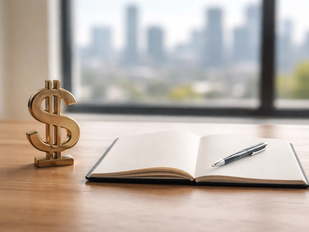 Minimal desk scene with a dollar sign ornament and open notebook, symbolizing a net worth range estimate.