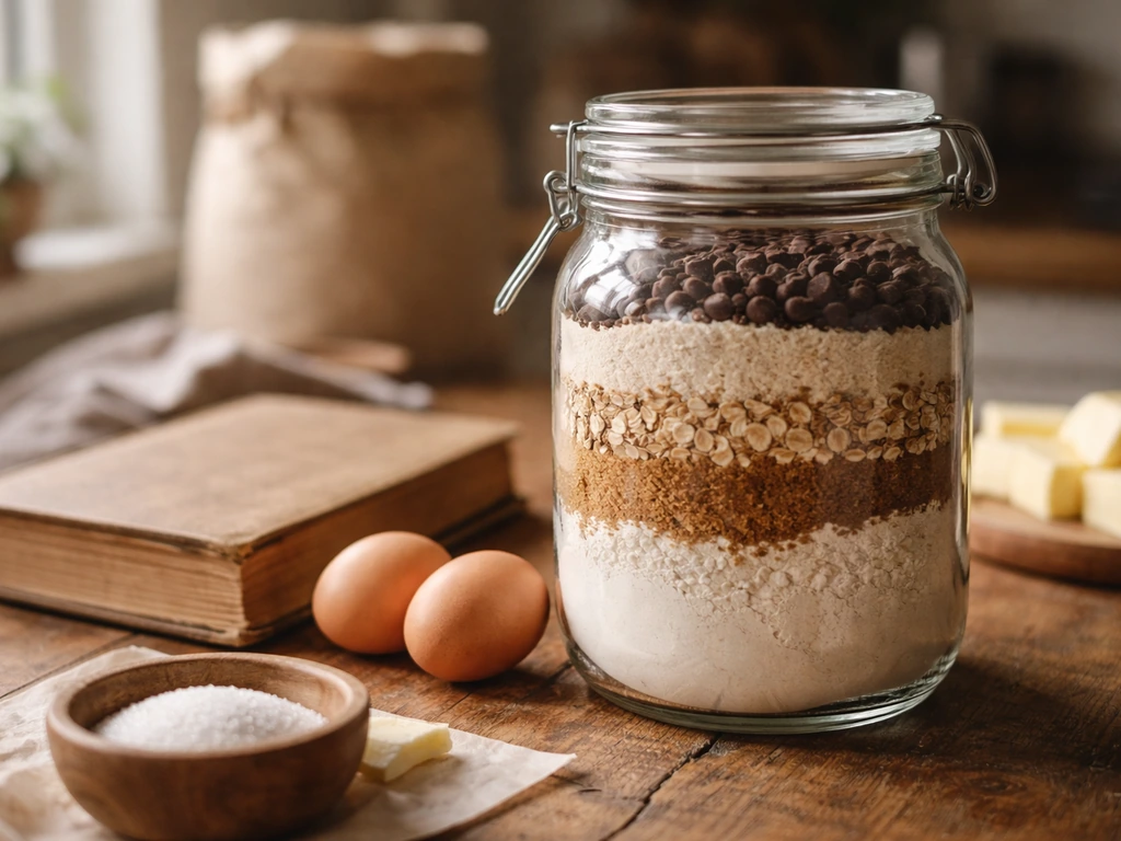Close-up of a glass jar of gourmet baking ingredients beside a family-style recipe book in a warm kitchen.