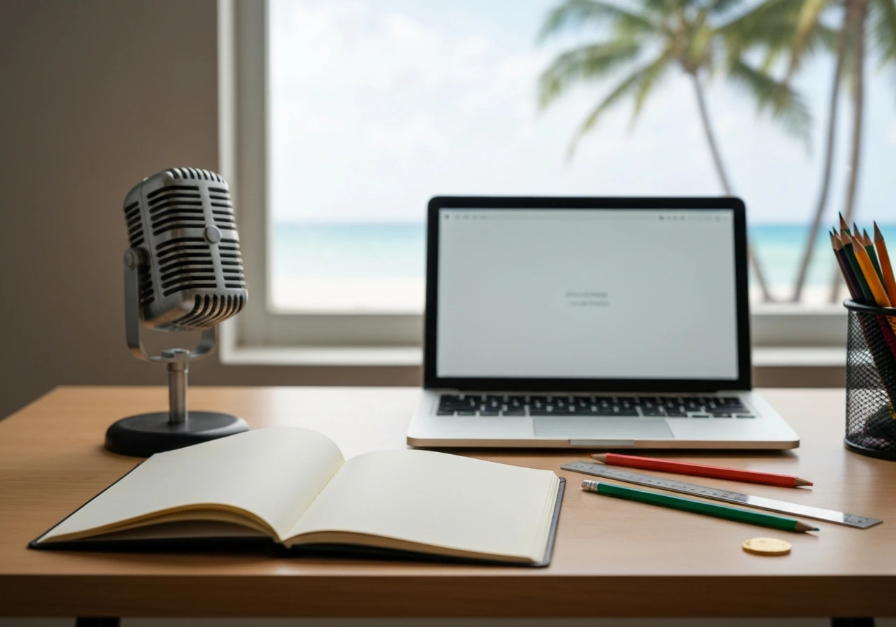 Designer desk with sketchbook, microphone, and gold coin, with a softly blurred tropical backdrop outside the window.