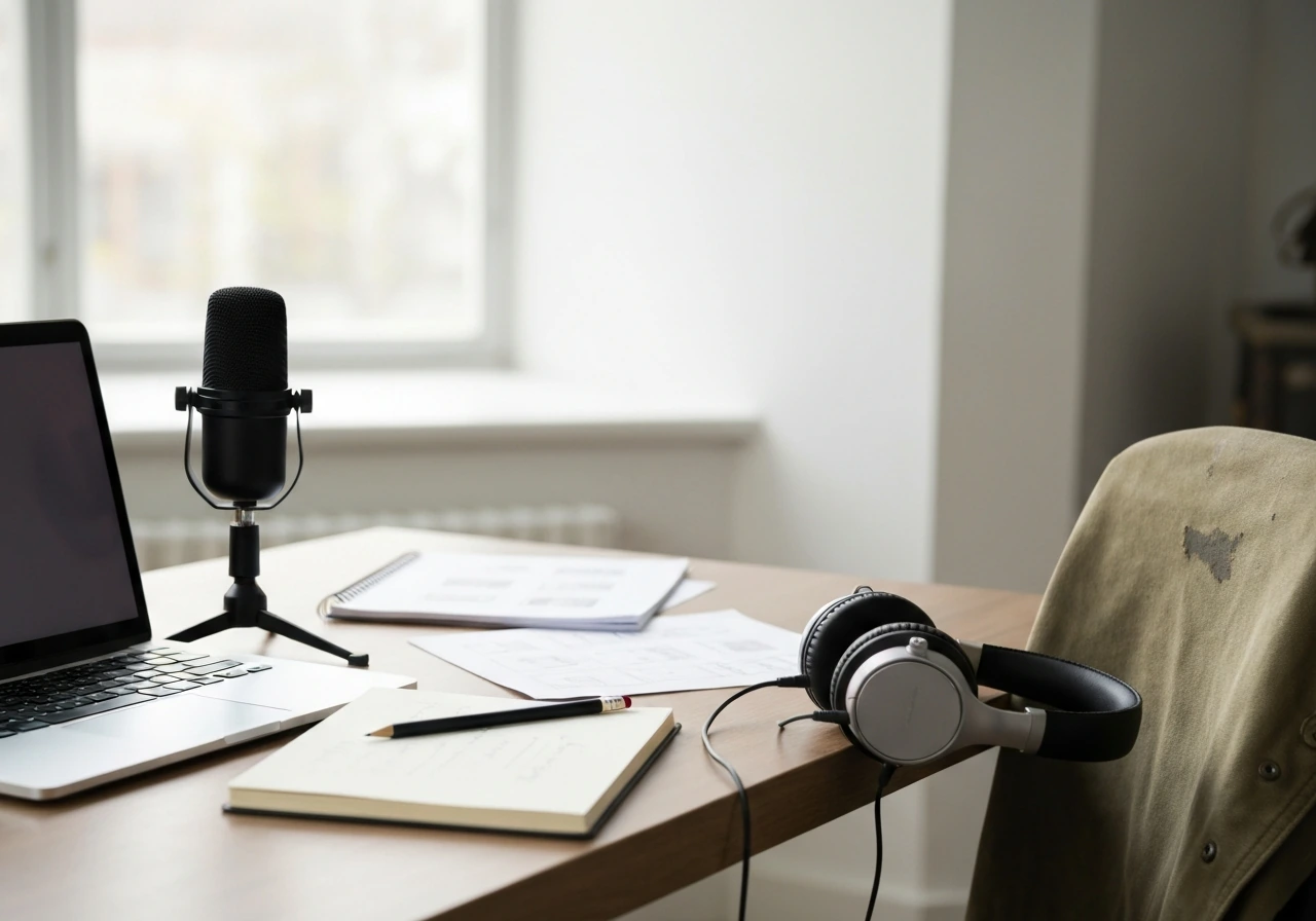 Minimal studio desk scene with a microphone and design tools, suggesting media and public-profile analysis.