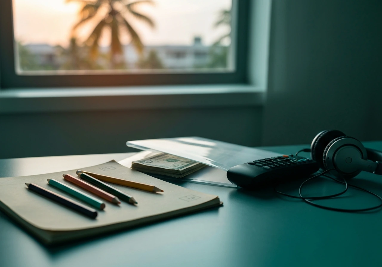 Anonymous studio desk with cash and creative tools, symbolizing varying Survivor stipends.