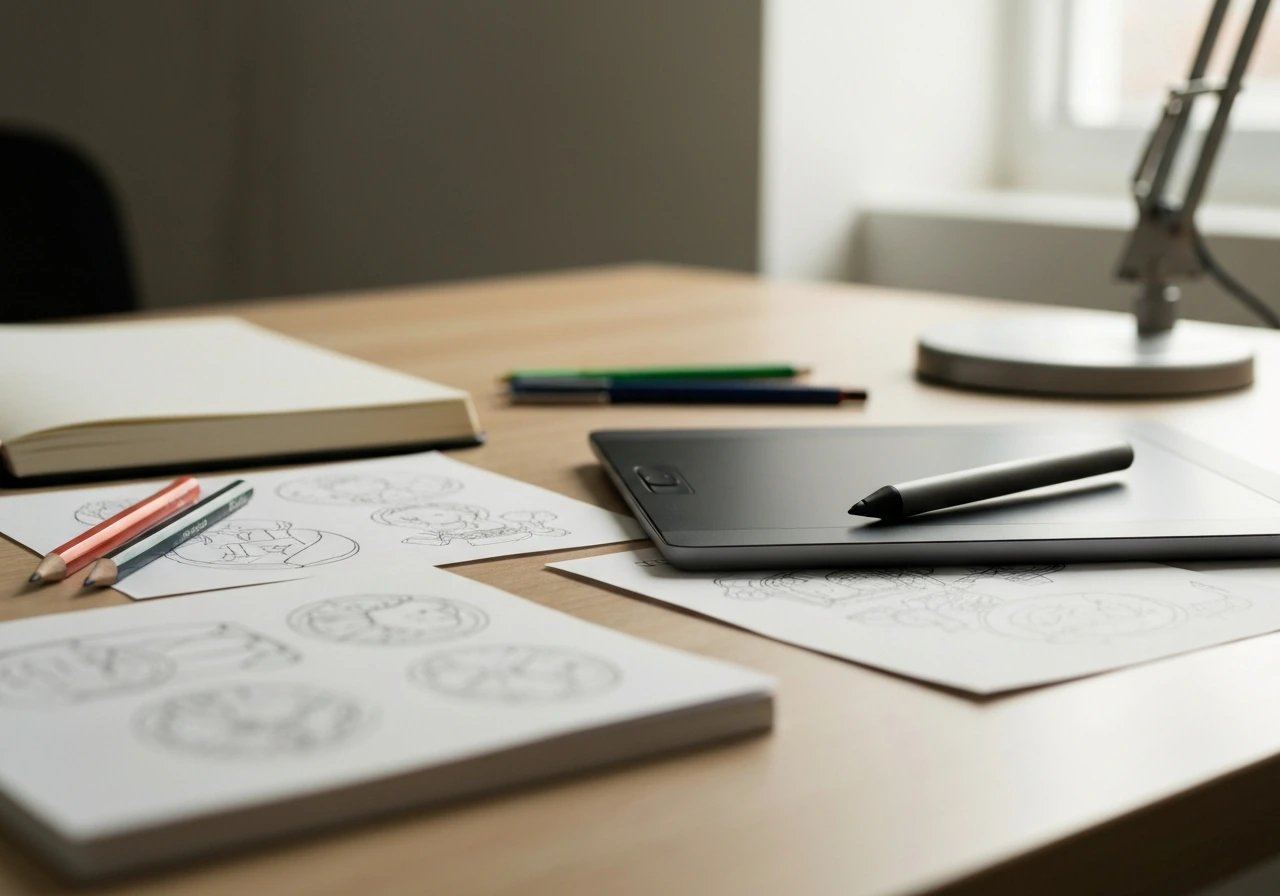 Close-up of a freelancer illustration desk with drawing tablet, pens, and printed sketch pages.