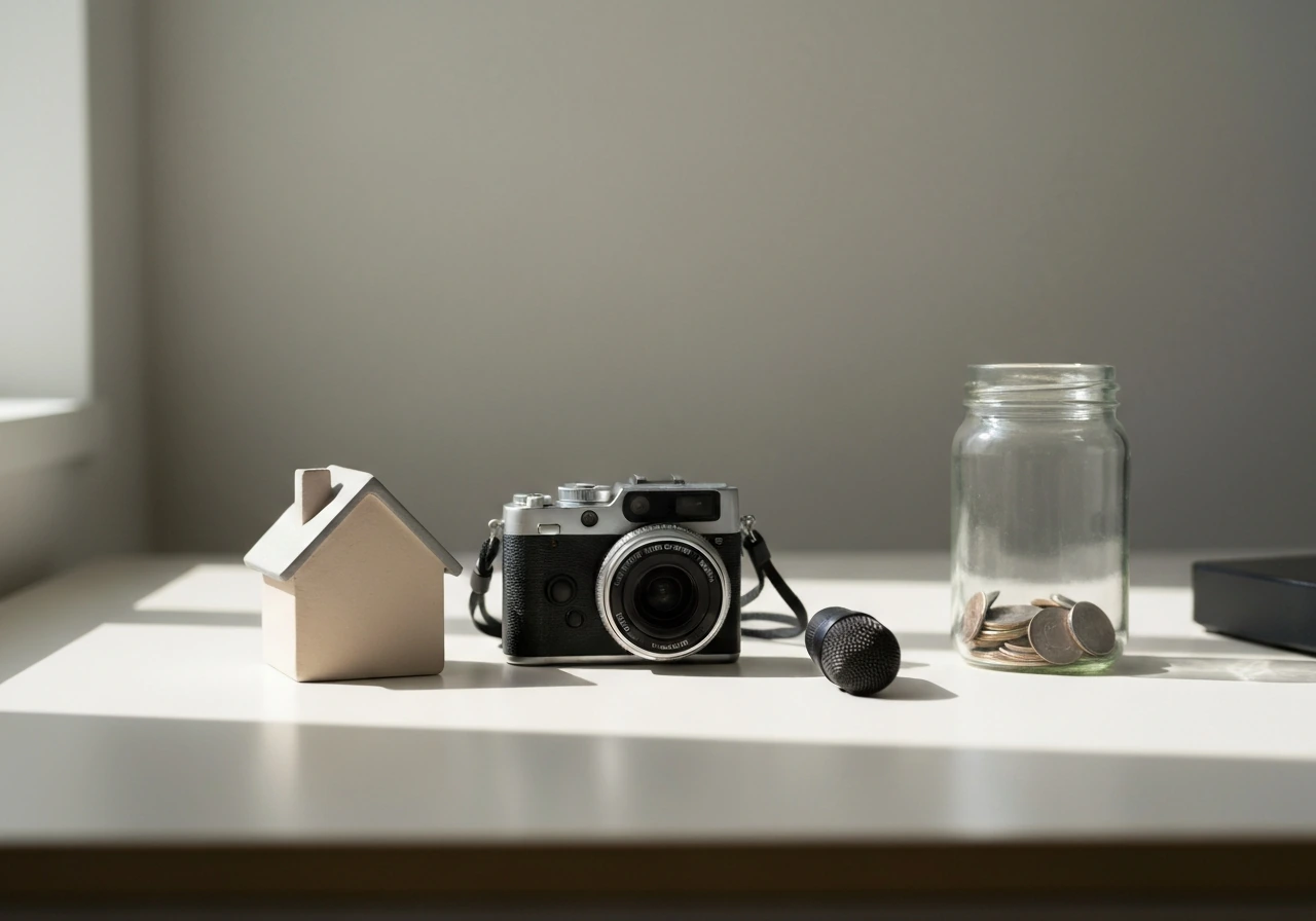 Minimal studio desk scene with home, business, and investment symbols represented by objects, no people