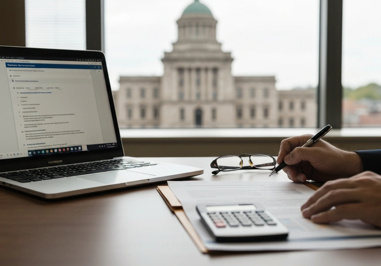 Minimal desk scene with laptop and documents for cross-checking property record numbers.