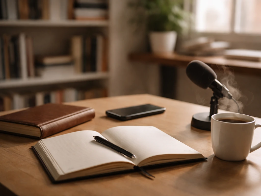 Minimal publishing workspace with open notebook, books, coffee, and desk microphone in natural light