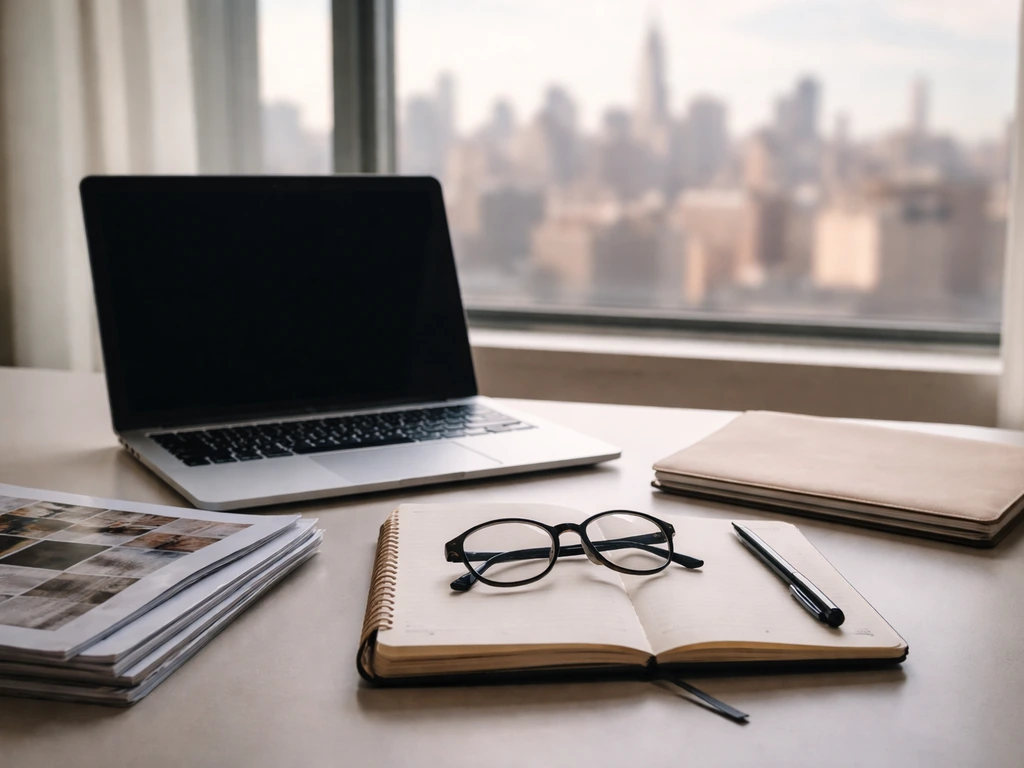 Minimal desk still-life with laptop, magazine pages, notebook, glasses, and blurred window view.