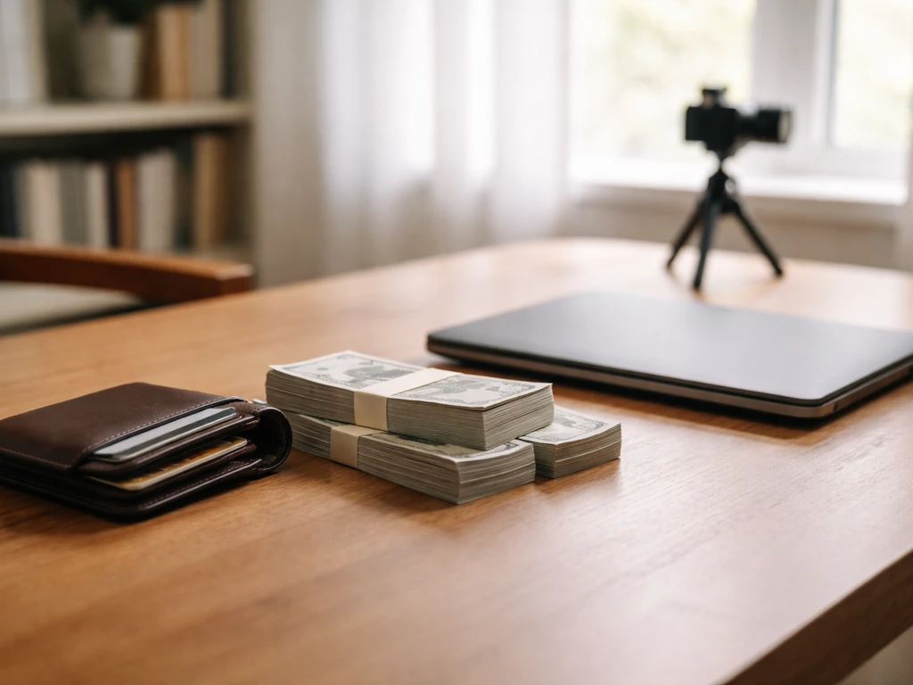 Neatly arranged home desk with cash, open wallet, and closed laptop suggesting household wealth sources.