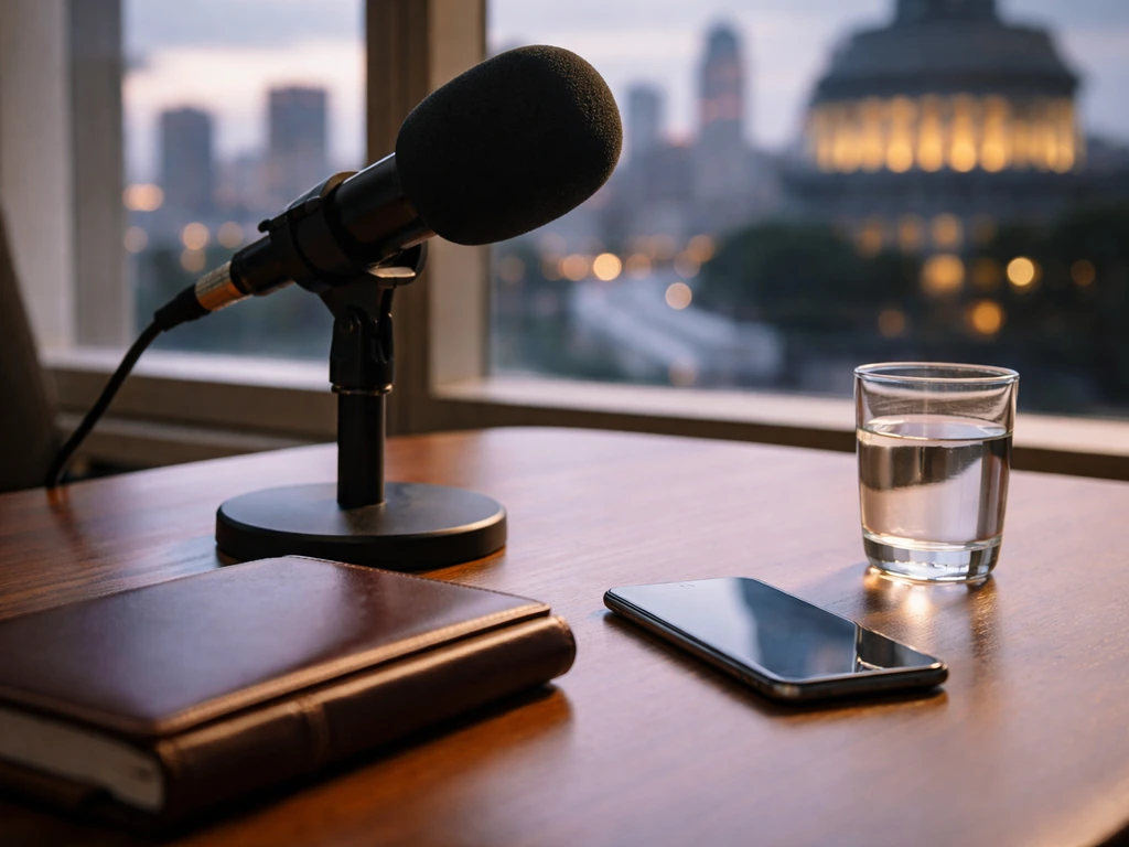 Minimal office scene symbolizing leadership and financial influence, with a microphone and city skyline backdrop.