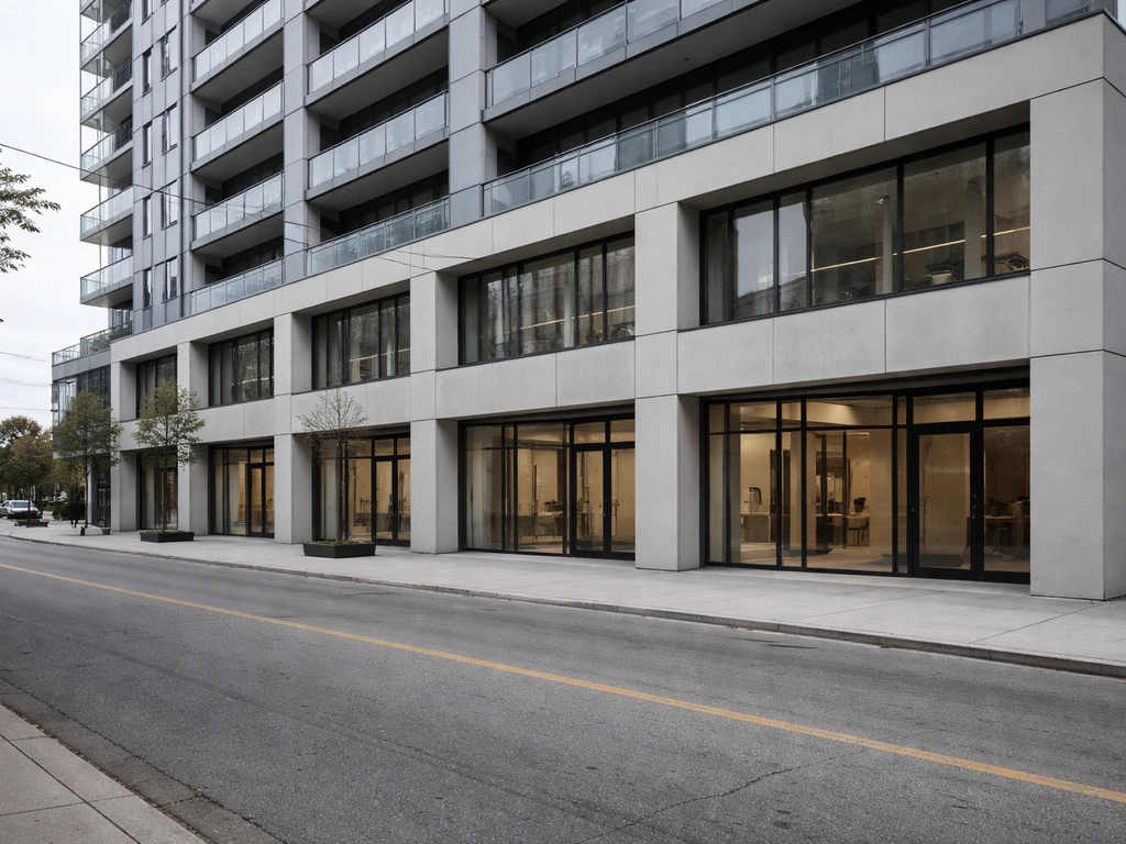 Toronto-style commercial mixed-use building exterior with contemporary glass facade and street-level perspective.
