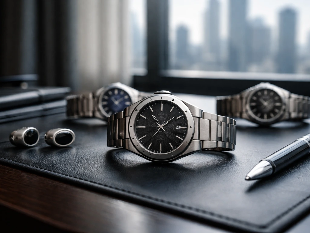 Close-up of luxury watches on a business desk beside a blurred city view, symbolizing watch industry wealth