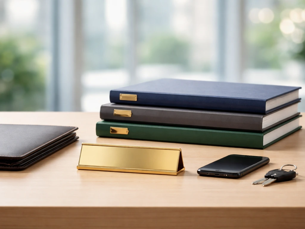 Minimal office desk scene with stacked folders and a portfolio symbolizing executive compensation components.