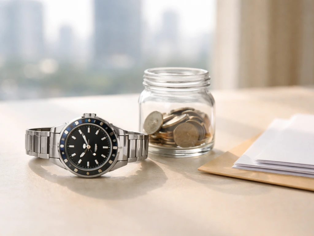 Luxury watch resting beside a small stack of coins and a clear glass jar symbolizing dividends