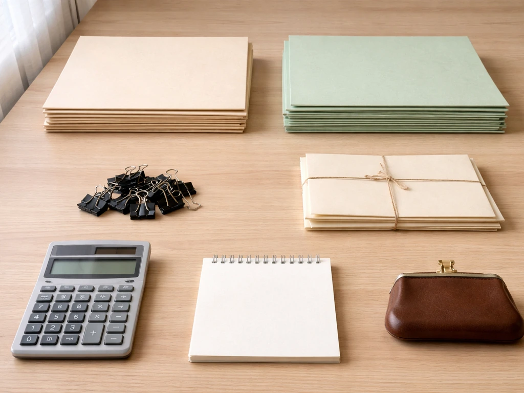 Minimal desk layout symbolizing assets minus liabilities with calculator, folders, and blank notepad.