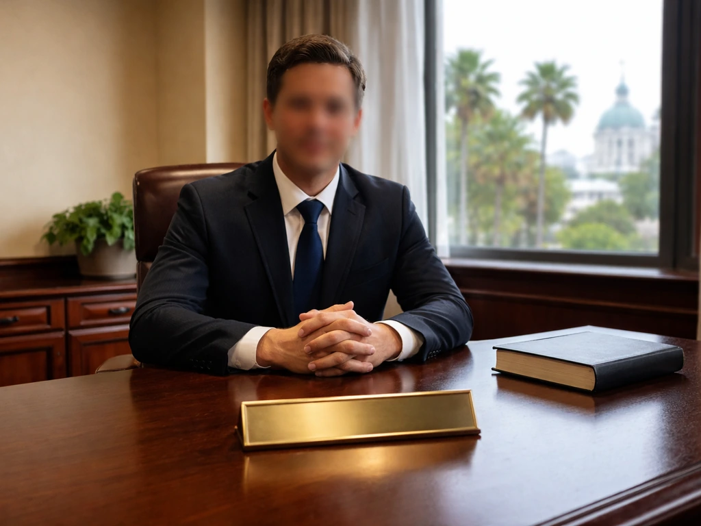 Anonymous man in a Florida government-office setting with palm trees visible through a window.