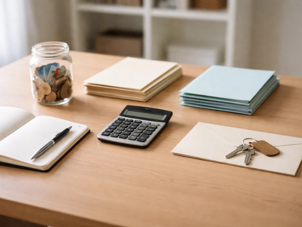 Minimal desk scene symbolizing assets minus liabilities for a net worth estimate, with no text.