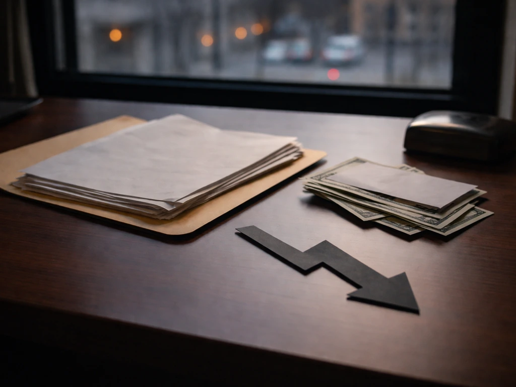 Minimal office desk scene with documents, money, and a downward arrow symbolizing financial setbacks.