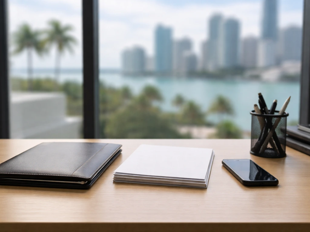 Minimal office scene with a real-estate developer vibe: desk, papers, city skyline through window