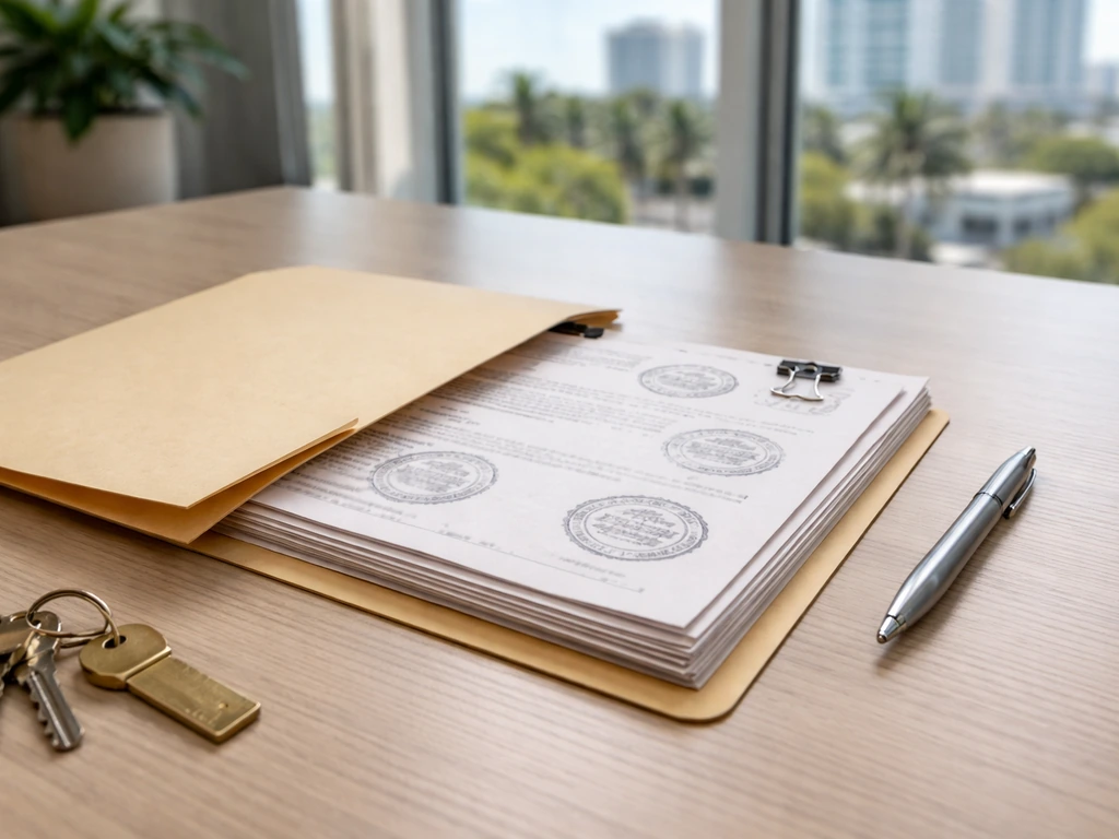 Minimal photo of stacked real-estate documents and a folder on a desk with a softly blurred city skyline.