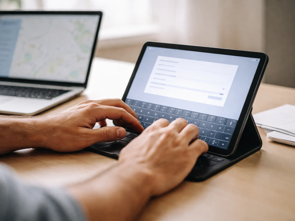 Close-up of hands working on a tablet showing property search results workflow cues