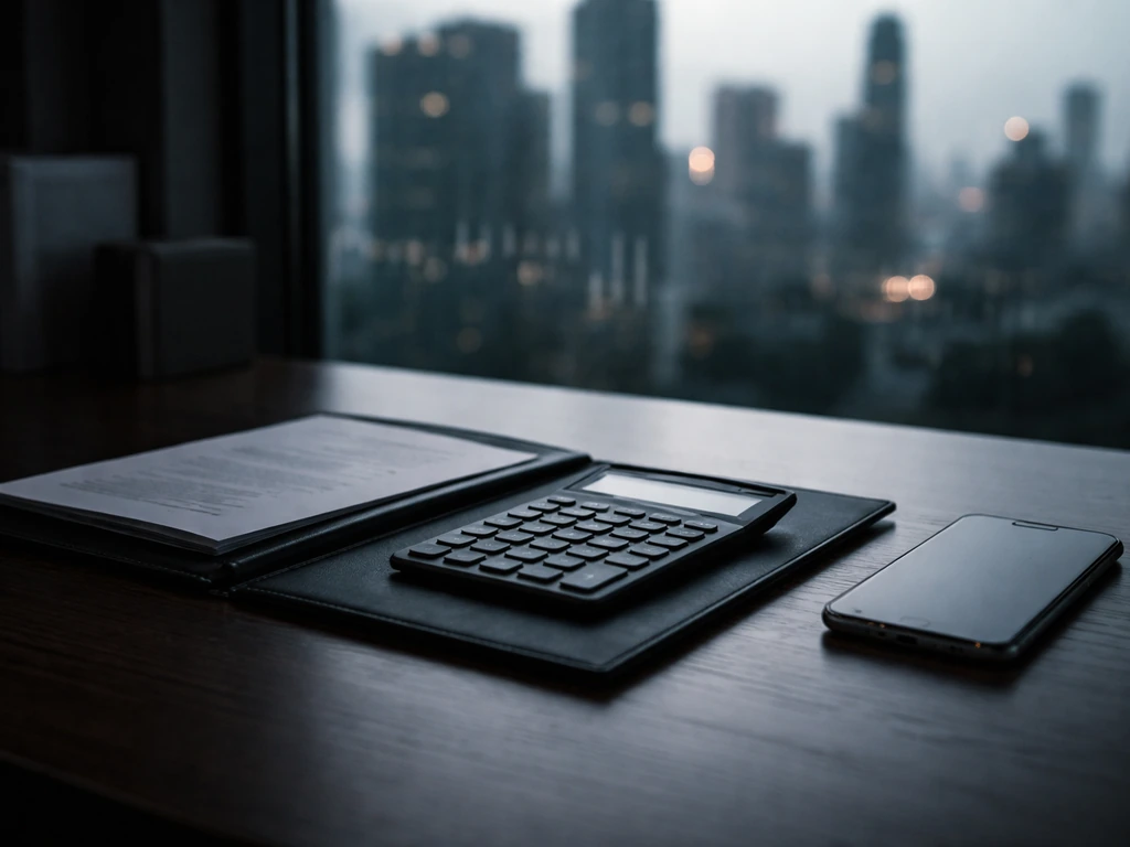 Minimal desk scene with calculator and blurred finance papers beside a city skyline, finance-themed mood.