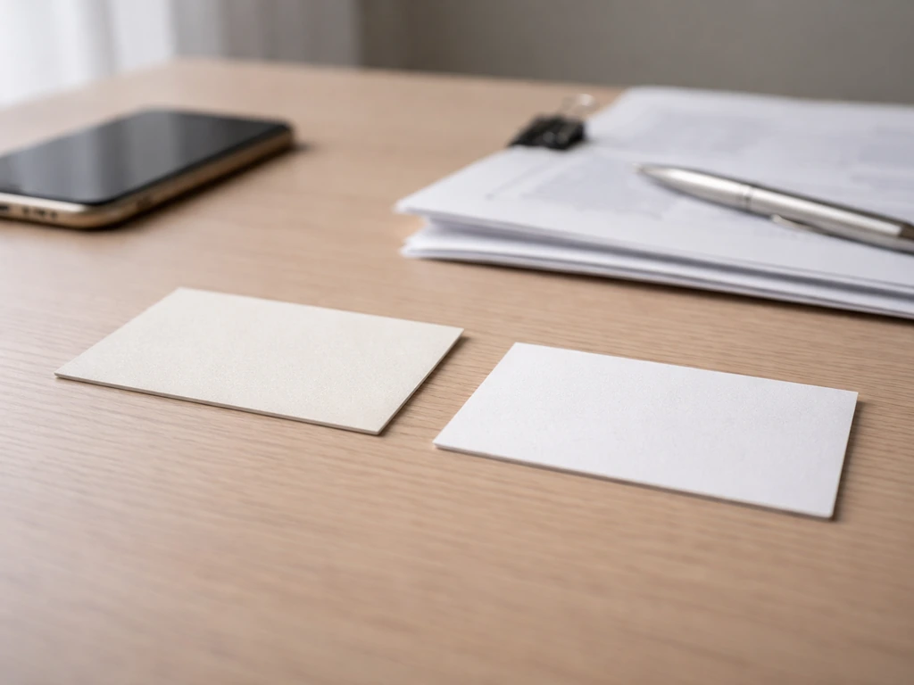 Minimal desk scene with two blank business cards and finance documents suggesting same-name disambiguation.