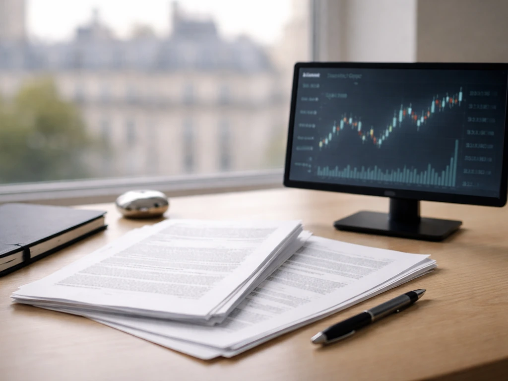 Open AMF filing papers beside a finance screen with abstract market prices on a desk