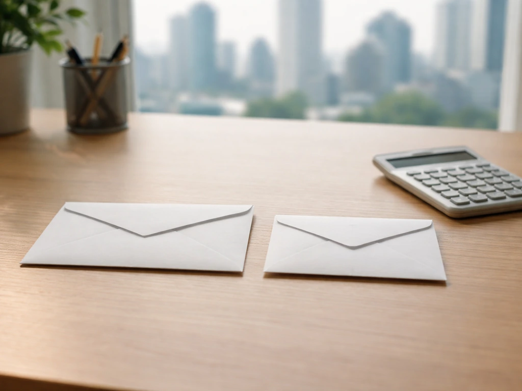 Minimal desk scene with two unlabeled envelopes symbolizing quantitative and qualitative compensation components.