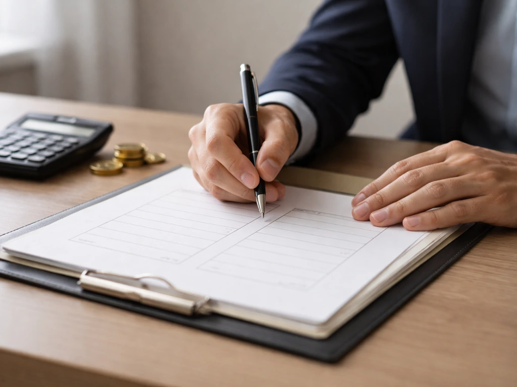 Close-up of a calculator and open folder beside papers with a simple assets vs liabilities layout