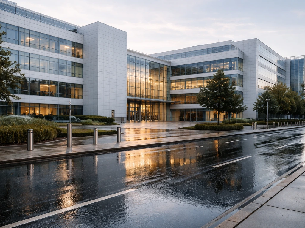 Minimal photo of a modern Swiss pharma corporate building symbolizing wealth tied to major shareholding.