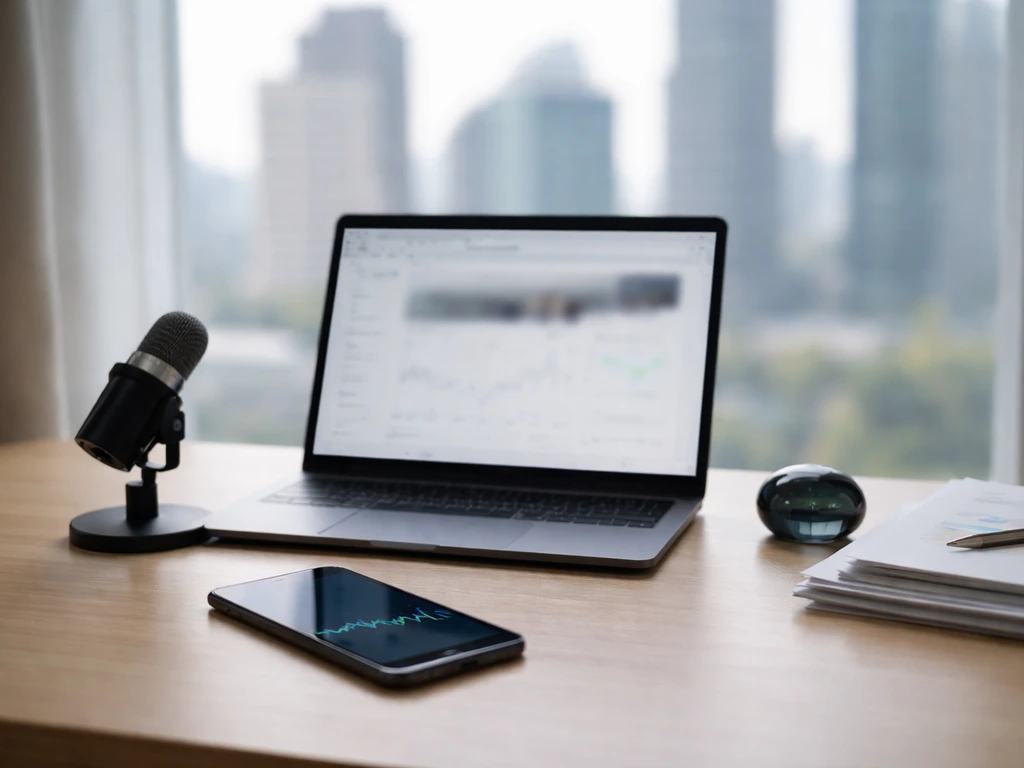 Minimal desk with laptop and phone showing abstract market movement, city buildings blurred in window light.