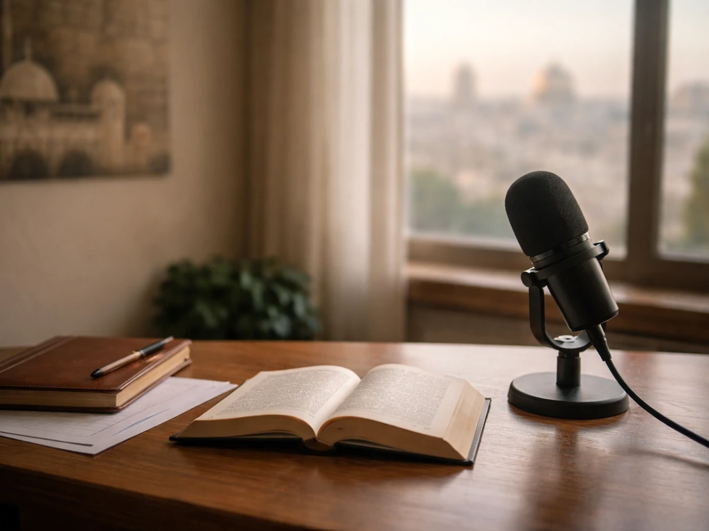 Minimal desk scene with an open book and podcast microphone, symbolizing media, education, and financial analysis