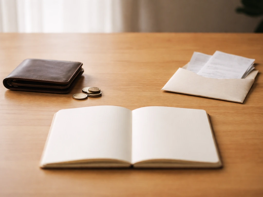 Minimal photo of a desk with a wallet, coins, and a small notebook suggesting assets minus liabilities calculation