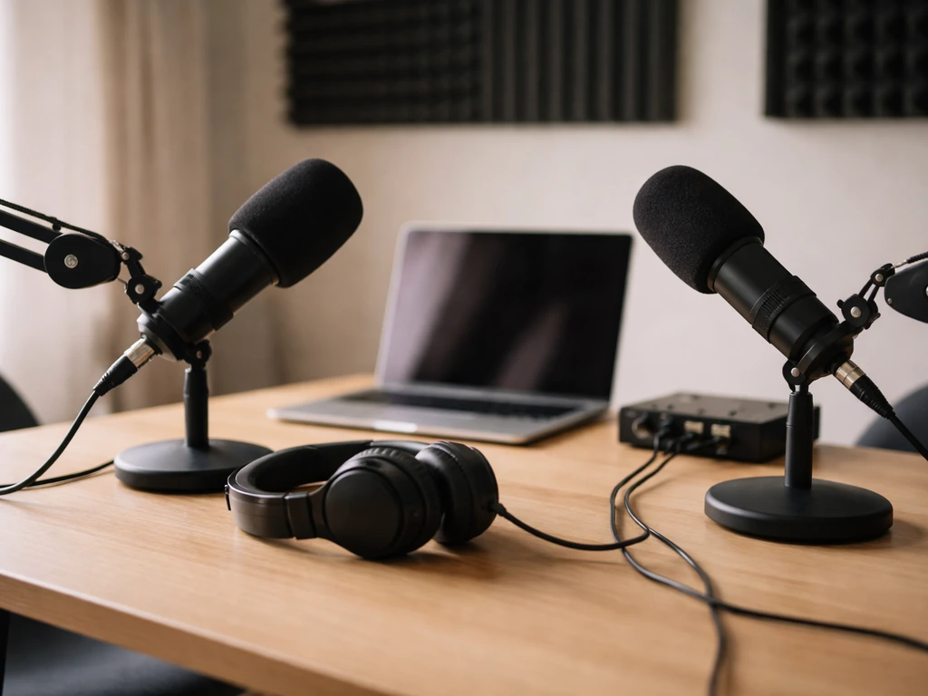Minimal podcast studio desk with microphones, headphones, and recording gear, no people visible.