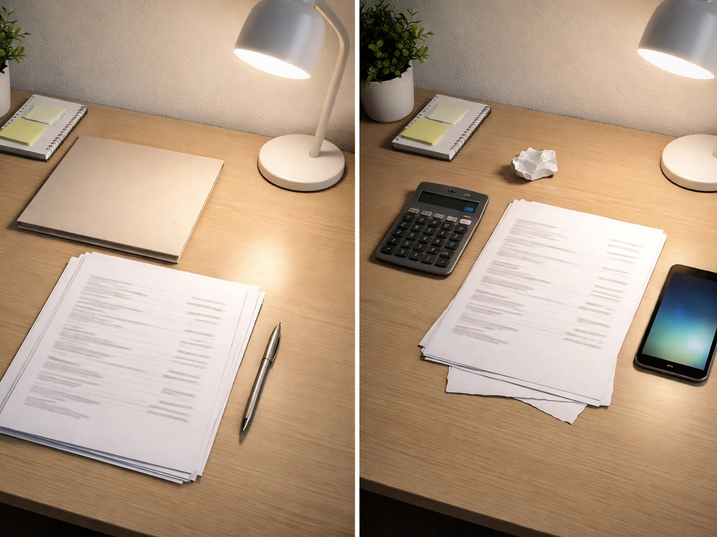 Split view of a desk with papers and a phone showing credible documentation versus vague unverified notes.