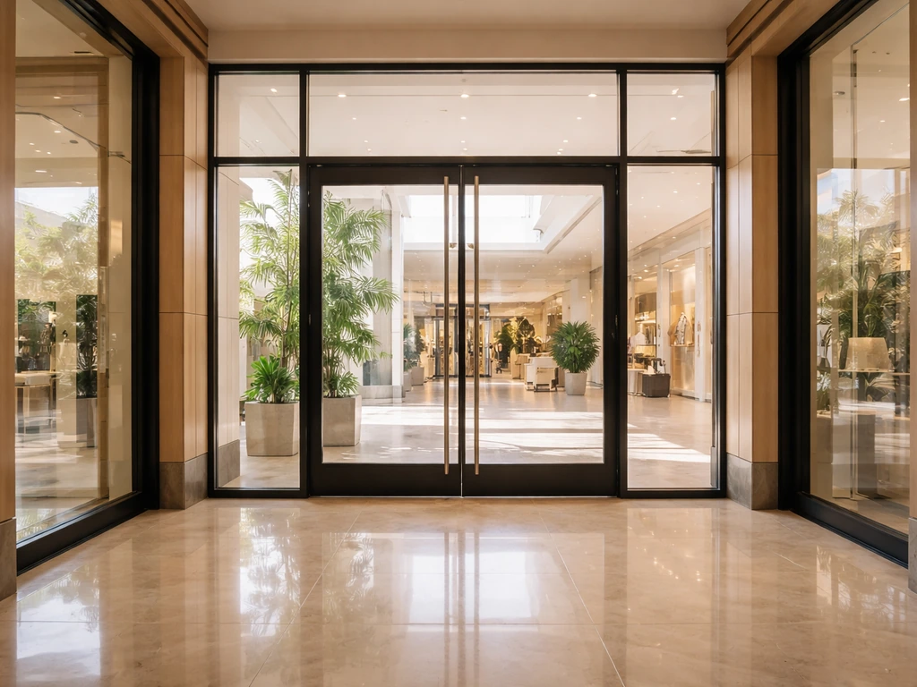Minimal photo of a modern South Florida retail property entrance with glass storefronts, suggesting real estate wealth.