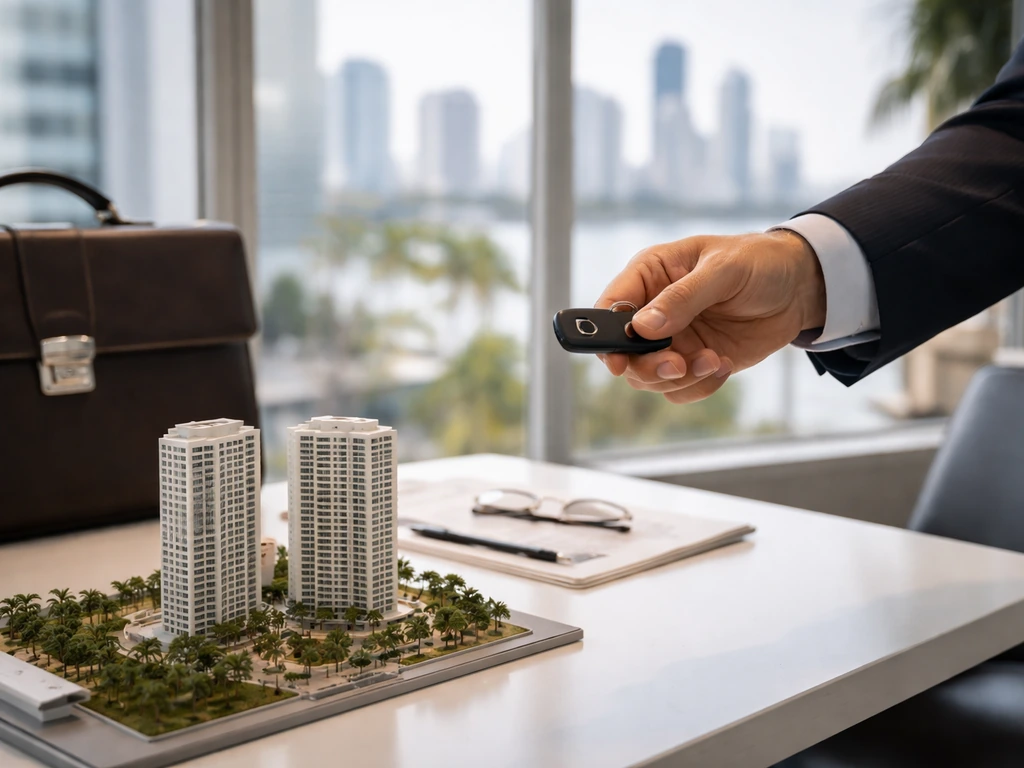 Hand holding a key fob on a minimal office desk with skyline view, symbolizing Miami real estate leadership