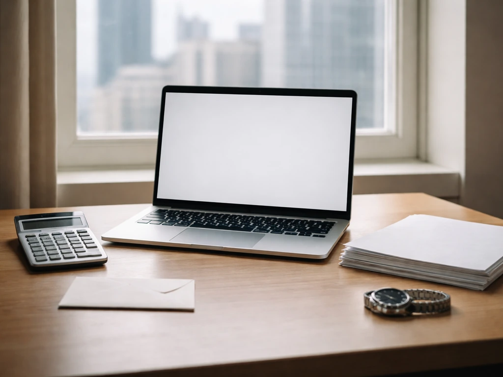 Minimal photo of a banker-style desk with a calculator and laptop, symbolizing a net-worth estimate range as of April 20