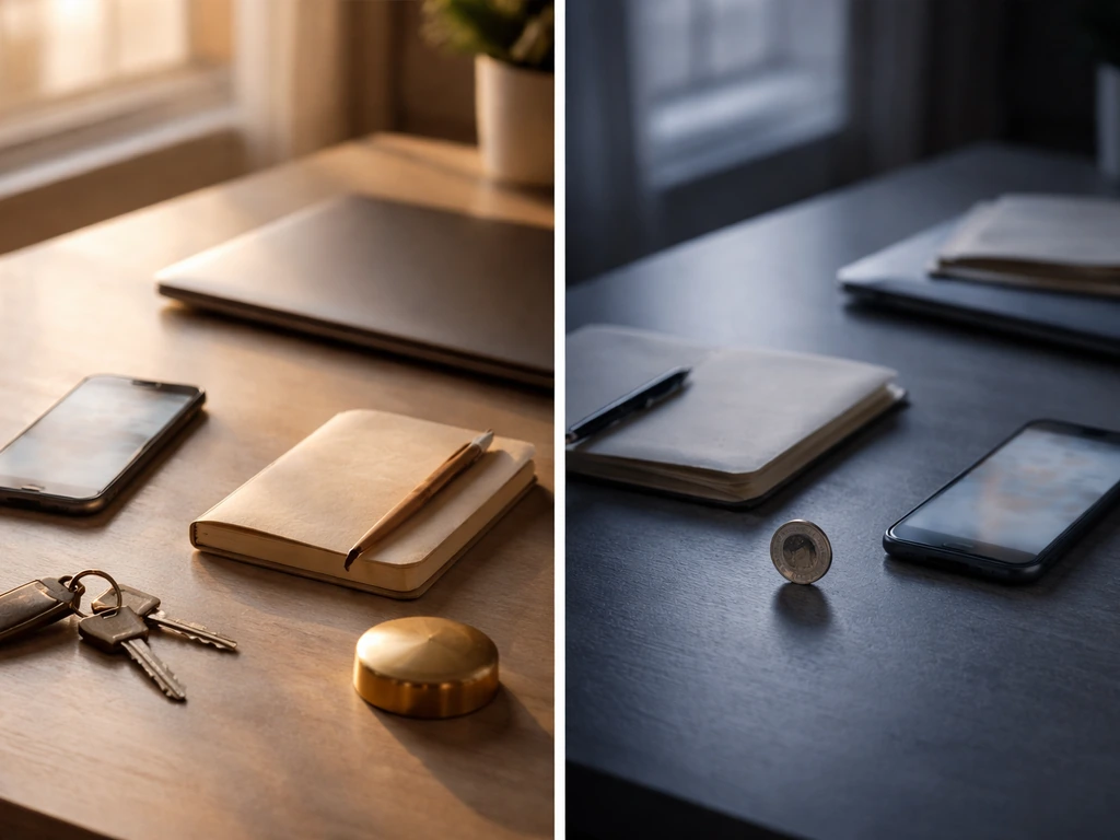 Split desk photo: warm “upside” props on left and cooler “downside” props on right, no text.