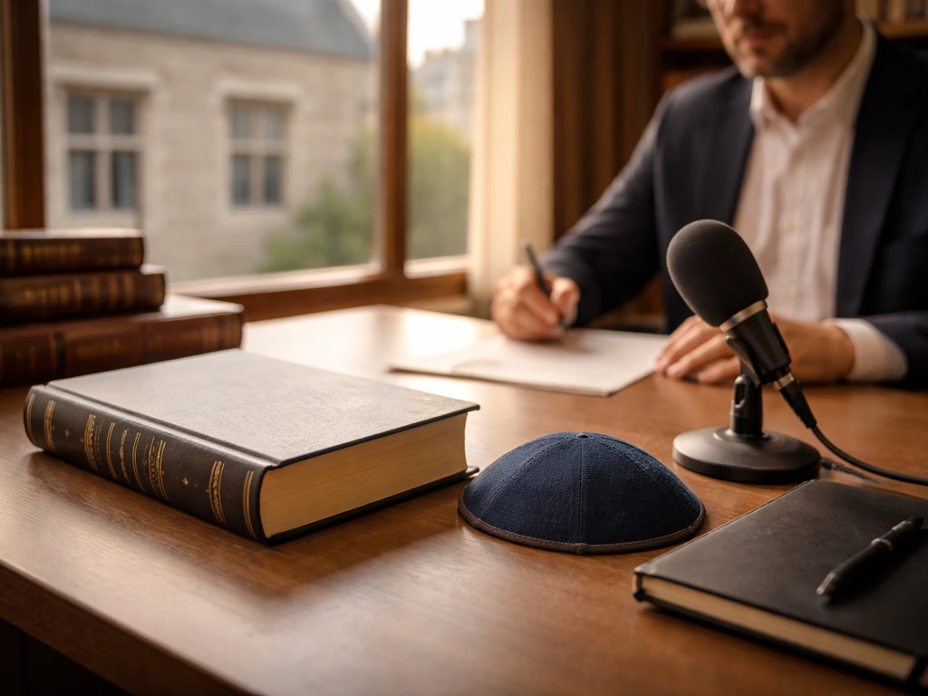 Minimal office scene with audio mic and religious books, suggesting an academic rabbi context.