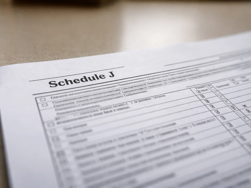 Close-up of an IRS Form 990 Schedule J section on paper, photographed on a desk.