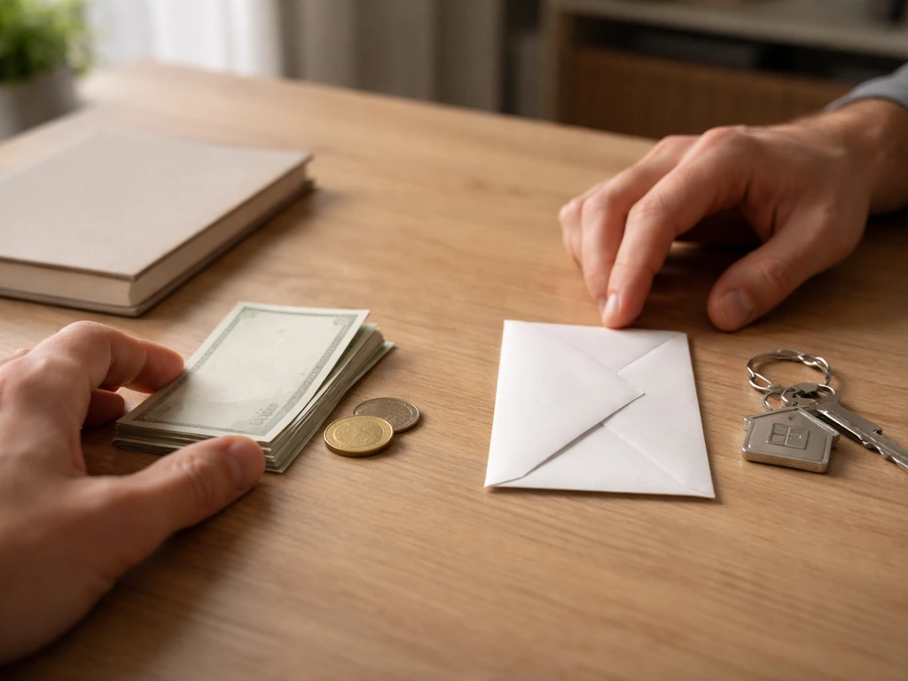 Minimal photo of a tidy desk with a few cash-like items, a rent/lease envelope, and a notebook to contrast assets.