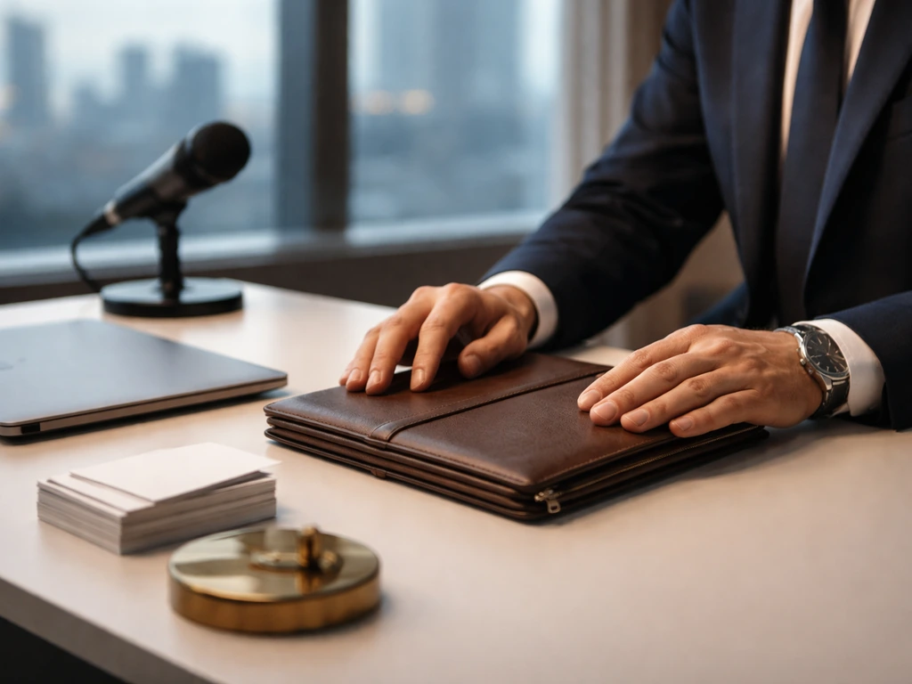 Anonymous professional in a modern office adjusting a portfolio, with a microphone nearby and blurred city view.